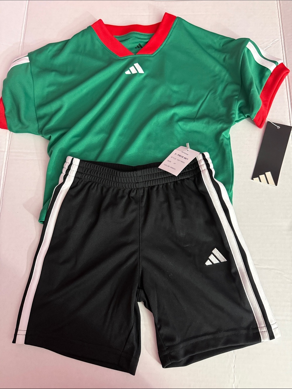 adidas Green & Black Kids Athletic Set with Red Accents